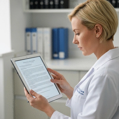 Person looking at a document with medical information on a tablet