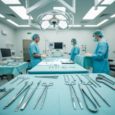 Close-up of sterile medical equipment in a clean LASIK operating room, no text, no words, no typography, clean image