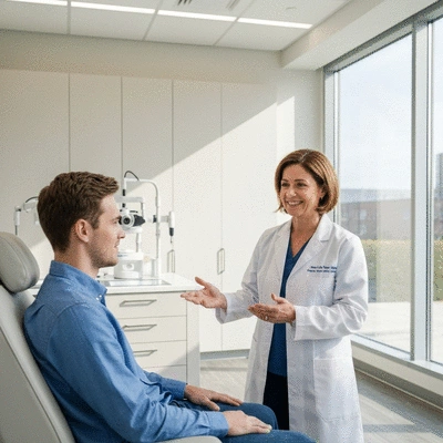 Modern LASIK clinic interior with patient and doctor discussing safety protocols, no text, no words, no typography, clean image