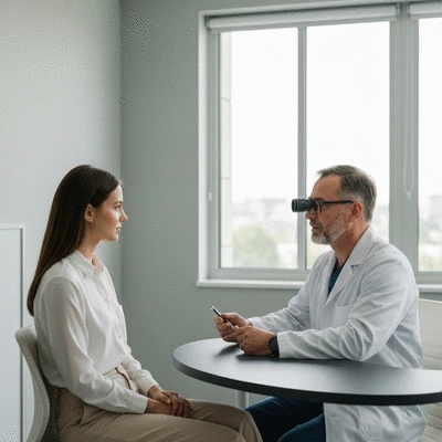 Professional eye surgeon consulting with a patient in a modern clinic setting, discussing options, no text, no words, no typography, 8K, clean image